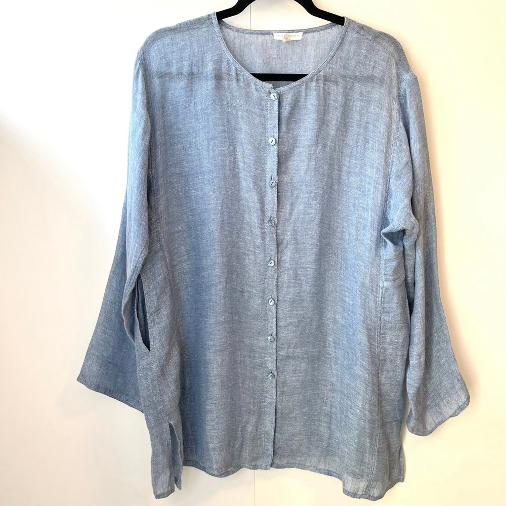 Eileen Fisher Italian Linen Tunic Shirt Jacket Blue Button Front Oversized M - Picture 5 of 14